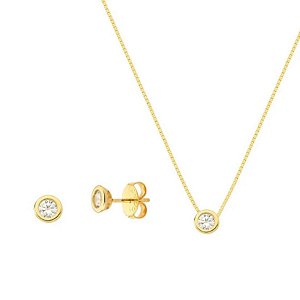 Conjunto Ponto de Luz com Pedras de Zircônia 4mm Banhado a Ouro 18K