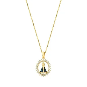 Gargantilha com Pingente de Nossa Senhora Aparecida Oval com Zircônias Banhado a Ouro 18k - Tamanho 45