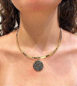 Conjunto Colar Aro e Brincos Redondo - Pedras Naturais Pirita