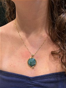 Conjunto com Gargantilha e Brincos Redondo - Pedras Naturais Quartzo Verde Perolado Banhado a Ouro 18K