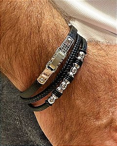 Pulseira Masculina em Couro e detalhes em Aço Inox