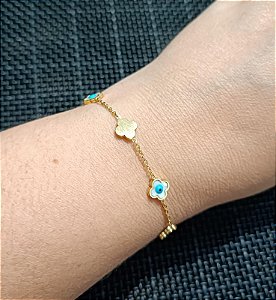 Pulseira Olho Grego e Flores em Aço Inox Dourado
