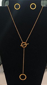 Conjunto de Corrente e Brincos Circulos em Aço Inox Dourado