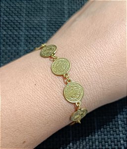 Pulseira Medalhas de São Bento em Aço Inox Dourado