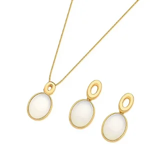Conjunto com Gargantilha e Brincos Oval - Pedras Naturais Opalina Banhado a Ouro 18K