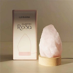 Luminária Pequena Pedra Quartzo Rosa com Luz Branca