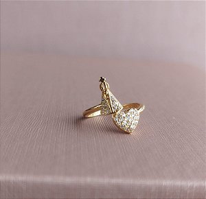 Anel Zirconia Nossa Senhora Aparecida em cima e Coração embaixo cravejado e Banhado a Ouro 18k - Tamanho 19