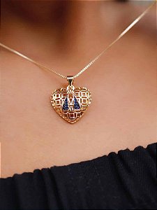 Gargantilha Zircônia Coração vazado com Nossa Senhora Aparecida Banhado a Ouro 18k