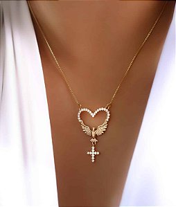 Gargantilha de Zircônia Coração cravejado com Espirito Santo Liso e Cruz pendurada Banhado a Ouro 18k