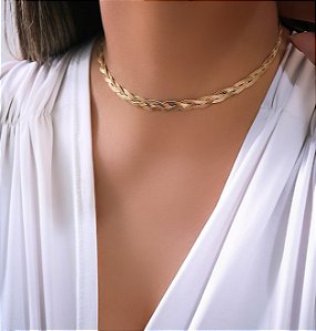 Gargantilha Choker Lisa Fita Trançada Banhado a Ouro 18k