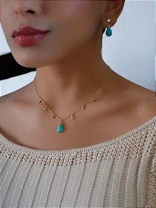 Conjunto Zirconia Gota colorida com Pontos de Luz pendurado banhado a ouro