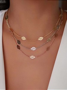Gargantilha lisa Folhas Trio Tres cores Banhado a ouro