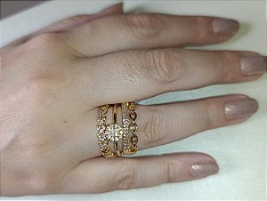 Trio de anéis com zirconias banhado a ouro - Tamanho 24