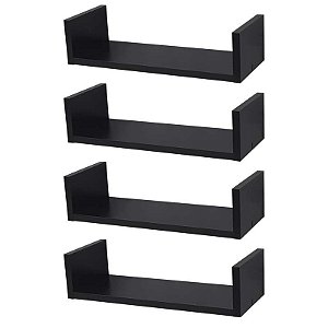 Kit 4 Prateleiras U 40 x 10cm Preta Suporte Invisível