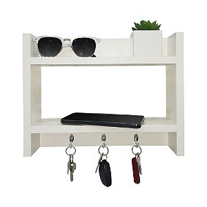 Porta Chaves de Parede com Suporte Carteira Celular Madeira Branco