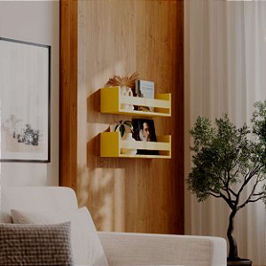 Kit 2 Prateleiras Porta Livros Amarela 50 x 12cm Suporte Invisivel