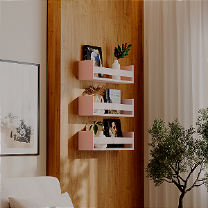 Kit 3 Prateleiras Porta Livros Rosa 60 x 12cm Suporte Invisivel