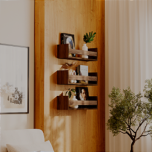 Kit 3 Prateleiras Porta Livros Nogal 70 x 12cm Suporte Invisivel