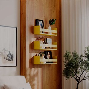 Kit 3 Prateleiras Porta Livros Amarela 70 x 12cm Suporte Invisivel