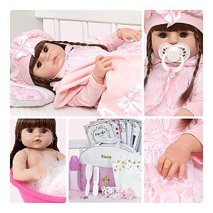 Bebe Reborn Realista Cabelo Castanho Fofinha Bolsa 20 Itens