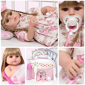 Boneca Loira Vestido Floral Rosa Realista Enxoval Completo