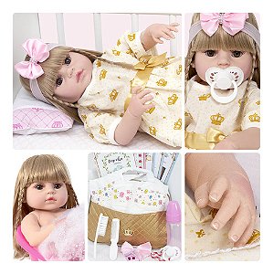 Boneca Bebê Reborn Loira Realista Pode Dar Banho + 20 Itens
