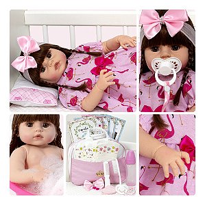Boneca Reborn Realista Menina Cabelo Castanho 20 Itens Bolsa