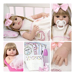 Boneca Reborn Loira Menina Realista Pode Banho + 13 Itens