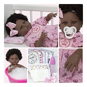 Boneca Reborn Negra Menina Realista Pode Banho + 13 Itens