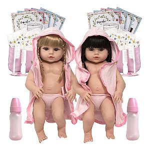 2 Boneca Reborn Realista Gêmeas Loira Morena Bolsa Enxoval