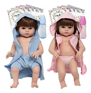 Boneca Reborn Gêmeos Realista Casal Cabelo Castanho + Itens