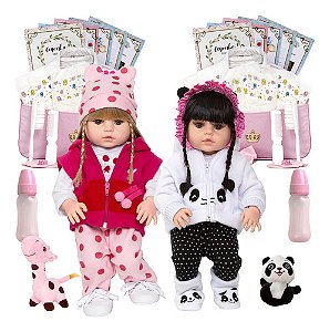 Kit Boneca Reborn Realista Gêmeas Menina Girafinha Pandinha