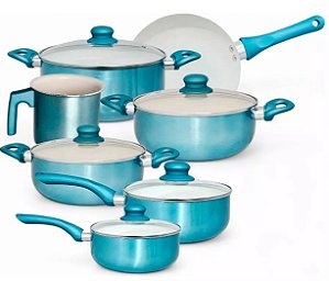 Conjunto de Panelas 7 Peças Zurich Antiaderente Azul Soft Touch Cozimento Uniforme