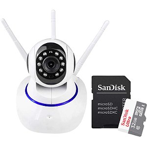 Kit Câmera de Segurança IP Wi-Fi 360° sem Fio com 3 Antenas + Micro SD 32GB