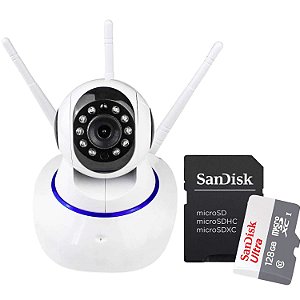 Kit Câmera de Segurança IP Wifi 360 sem Fio com 3 Antenas + Micro sd 128gb