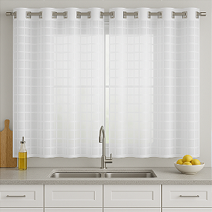 Cortina Pendure Cozinha de Voil Xadrez A120xL300cm Branca Ilhós Cromado Quadrado