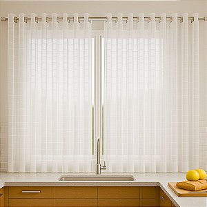 Cortina Pendure Cozinha de Voil Xadrez A130xL400cm Branca Ilhós Cromado Quadrado