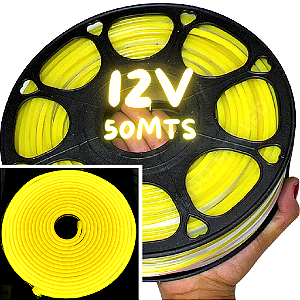 Mangueira Neon LED 12V 50MTS 6X12mm Amarelo Limão 12w/mt Flexível 12volts