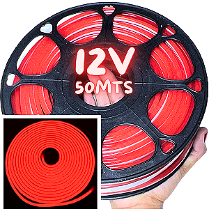 Mangueira Neon LED 12Volts 50MTS 6X12MM 12W/M VERMELHO Rolos C/ 50 Metros Flexível Alto Brilho Corte 2,5cm 12volts