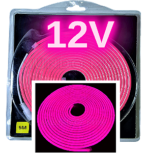Mangueira Neon LED 12V 5mts 6X12mm Rosa pink 12w/mt Flexível Corte 2,5cm 12volts