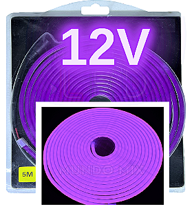 Mangueira Neon LED 12V 5mts 6X12mm Roxo 12w/mt Flexível Corte 2,5cm 12volts