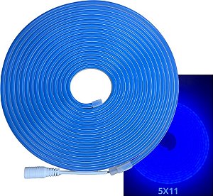 Mangueira NEON LED 5X11 5MTS 12V AZUL ROYAL 10W/MT Rolos C/5metros 5X11mm Flexível Alto Brilho Corte 2,5cm 12volts