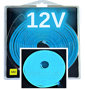 Mangueira NEON LED 12V 5MTS 6X12MM AZUL CIANO 12W/MT Rolos C/ 5 Metros Flexível Alto Brilho Corte 2,5cm 12volts