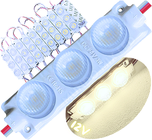 Módulo LED Mega Lente 3030 3W 12V 3-LEDs Branco Morno 4000K IP67 12Volts 60º Injetado Para Letreiros Super Leds