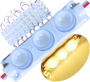 Módulo LED Mega Lente 3030 3W 12V 3-LEDs Branco Quente 3000K IP67 12Volts 60º Injetado Para Letreiros Super Leds