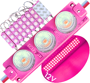 Módulo LED Mega Lente 3030 3W 12V 3-LEDs Rosa Pink IP67 12Volts 60º Injetado Para Letreiros Super Leds