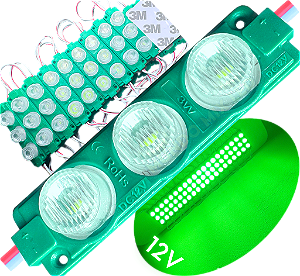 Módulo LED Mega Lente 3030 3W 12V 3-LEDs Verde Puro IP67 12Volts 60º Injetado Para Letreiros Super Leds