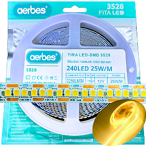 Fita LED IP20 12V 240Leds Branco Quente 3000K 24W /mt 12Volts P/ Perfil