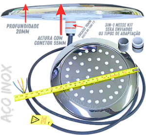 Luminária Refletor INOX P/ Piscinas RGB 35W Mult Colorido 12v IP68 200mm Premium AÇO INOX 16mm 21mm 25mm A Prova D’água