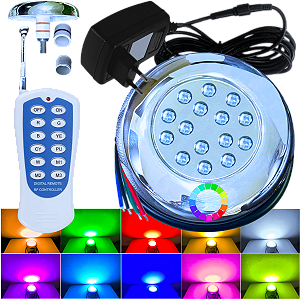 KIT 01 Refletor LED RGB Piscina 18W INOX 1/2 3/4 + Cabo 3MTS + Fonte Com Controlador RF integrado